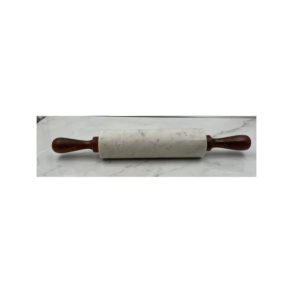Vintage White Marble Rolling Pin with Wood Handles 18 Inch Heavy Duty Baker Tool